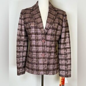 Votre Nom Wool Blend Plaid Tweed Blazer Plum Pink Sparkle Women’s Size 6